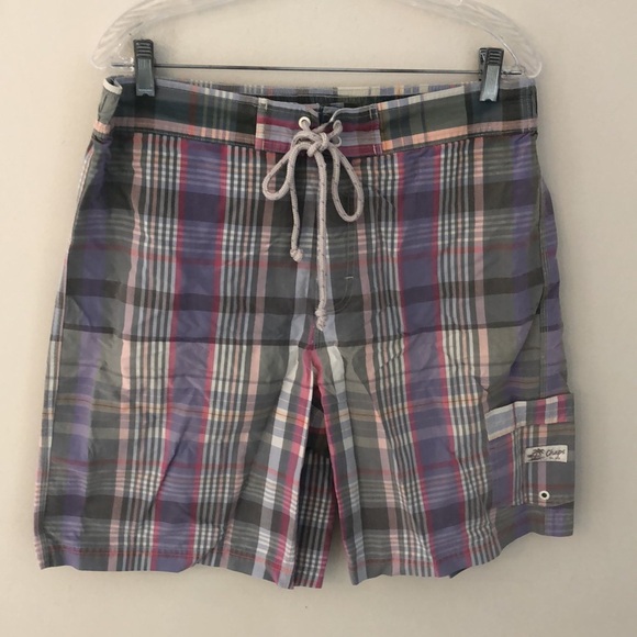 Chaps preppy plaid board shorts swim trunks pockets self adhesive waist SZ LG - Picture 1 of 16